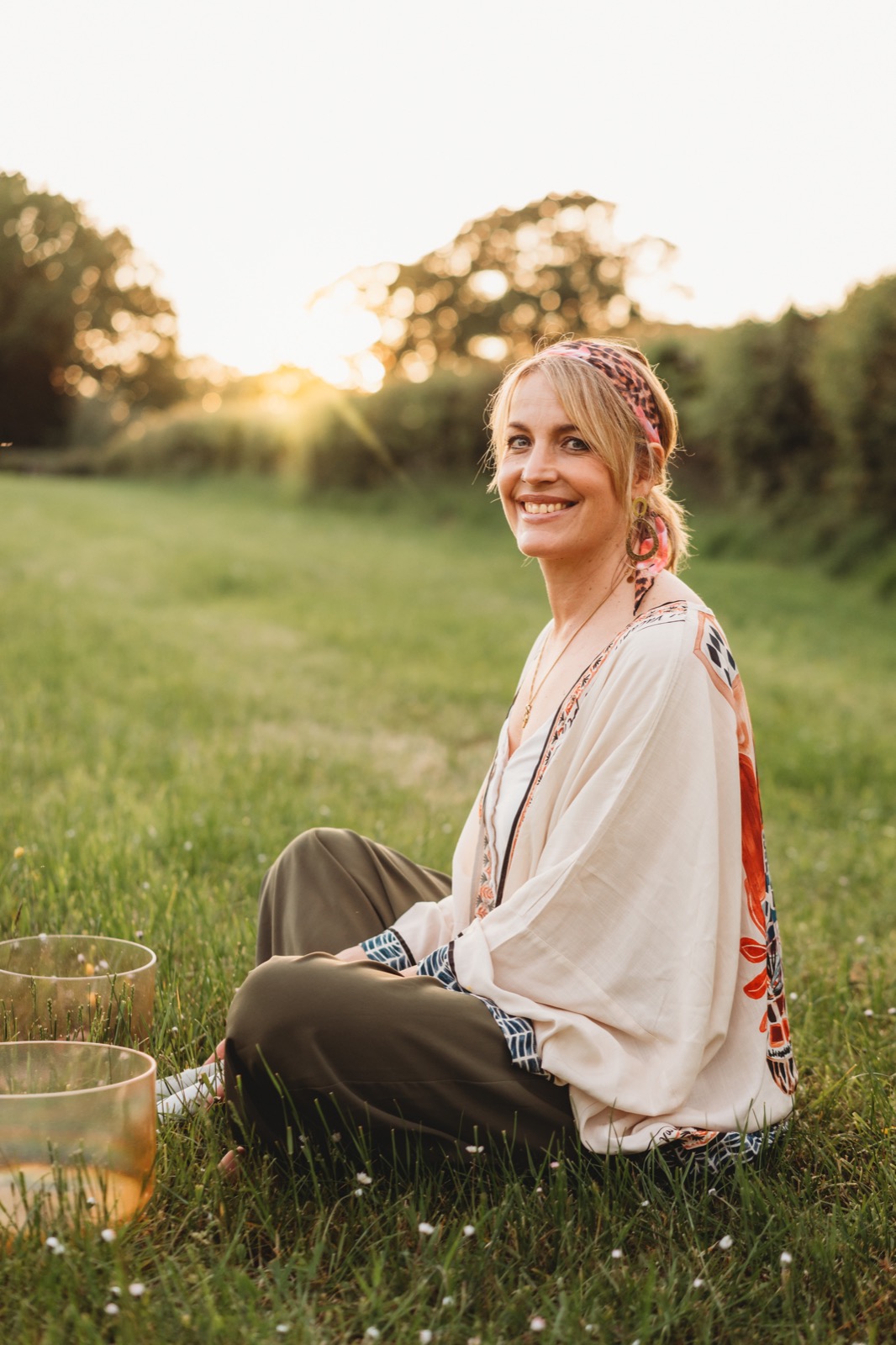 Rachael Tallents playing Crystal Tones Alchemy bowls outdoors